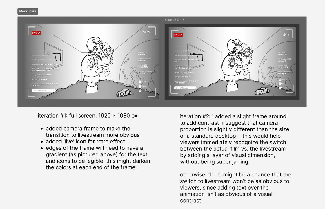 Second lo-fi mockup — full-screen video with overlaid reactions, camera frame, and LIVE icon